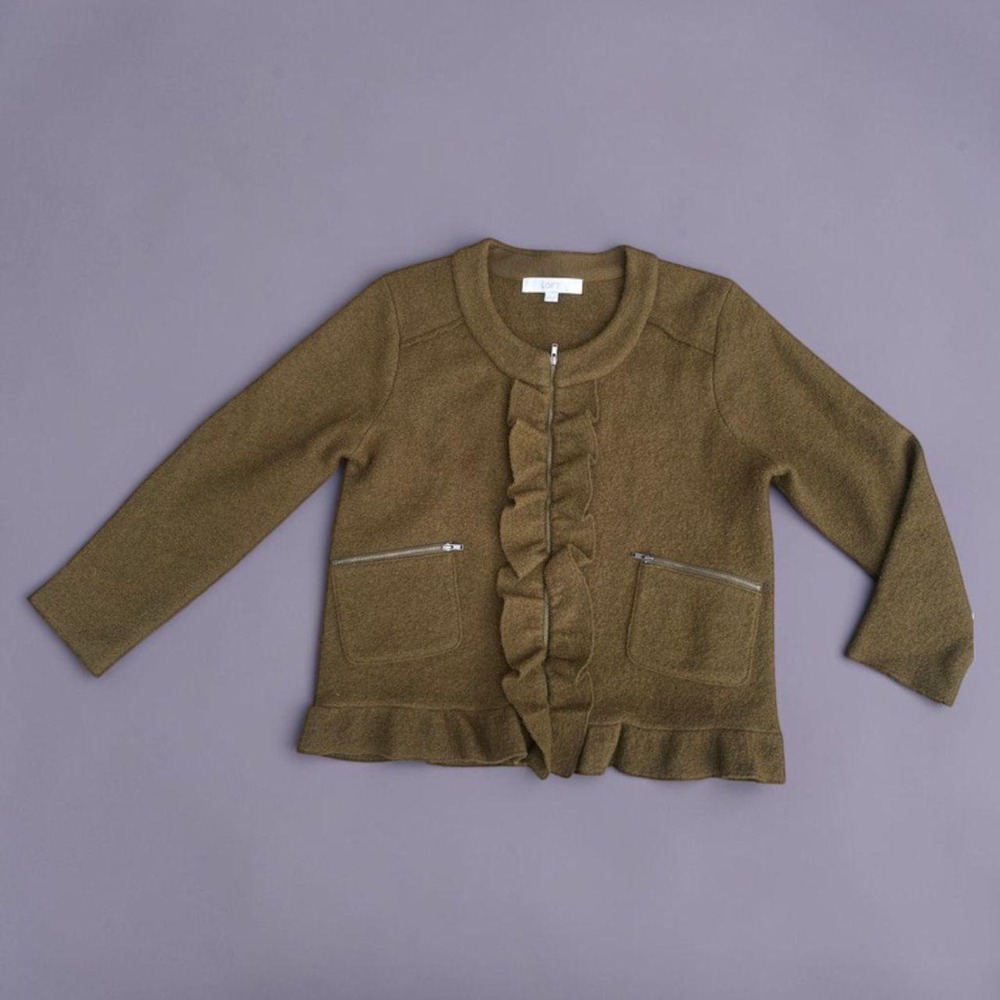 100% Merino Wool Olive Green Ruffle Zip Cardigan Jacket Medium